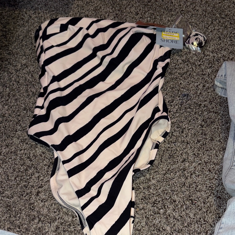Shade & Shore Black and Cream Striped One-Piece Swimsuit